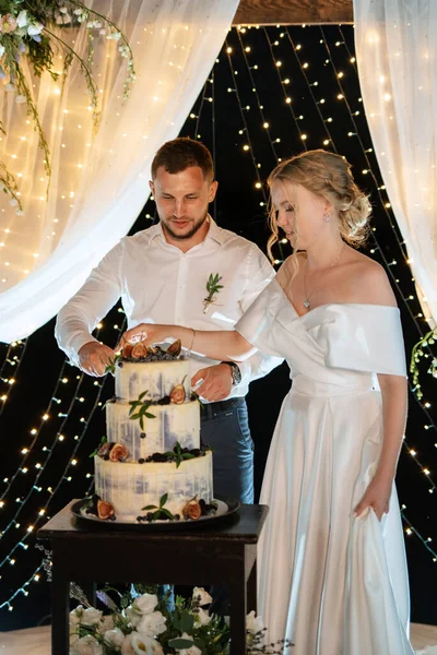 Newlyweds Happily Cut Laugh Taste Wedding Cake — Stok fotoğraf