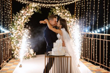 newlyweds happily cut, laugh and taste the wedding cake