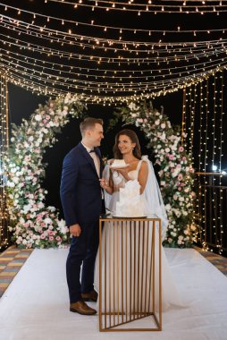 newlyweds happily cut, laugh and taste the wedding cake