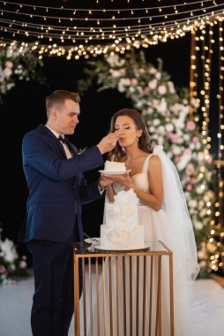 newlyweds happily cut, laugh and taste the wedding cake