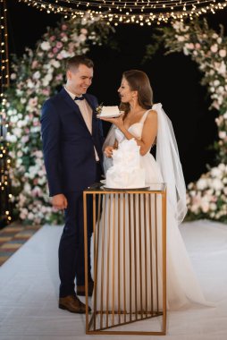 newlyweds happily cut, laugh and taste the wedding cake