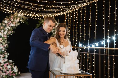 newlyweds happily cut, laugh and taste the wedding cake