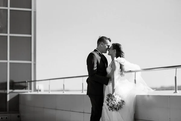 新郎新娘第一次见面是在玻璃摩天大楼的屋顶上 — 图库照片