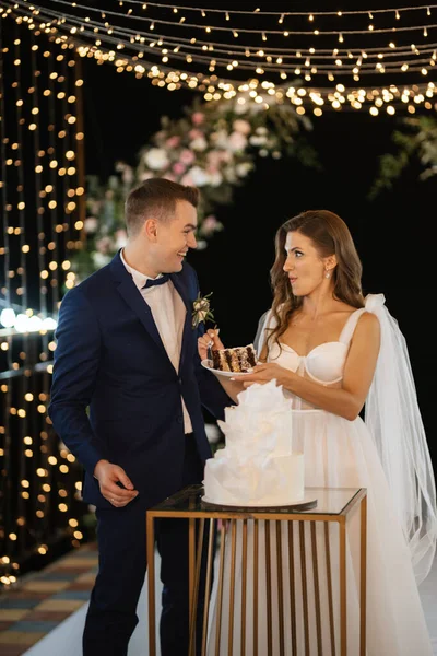 Newlyweds Happily Cut Laugh Taste Wedding Cake — Zdjęcie stockowe