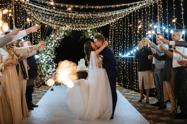 Newlyweds Happily Cut Laugh Taste Wedding Cake — Photo