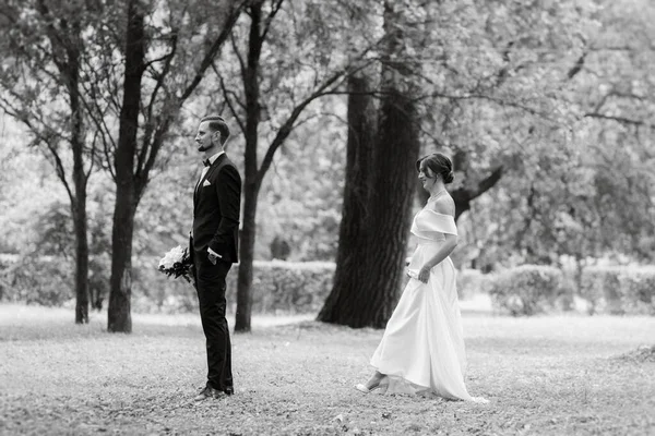První Setkání Nevěsty Ženicha Svatebních Šatech Parku — Stock fotografie