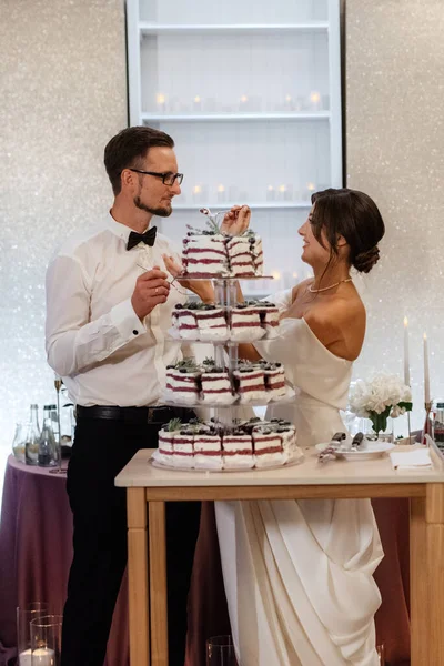 Newlyweds Happily Cut Laugh Taste Wedding Cake — Zdjęcie stockowe