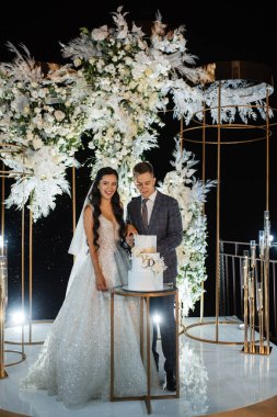 newlyweds happily cut, laugh and taste the wedding cake