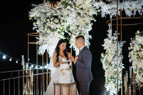 Newlyweds Happily Cut Laugh Taste Wedding Cake — Stock Photo, Image