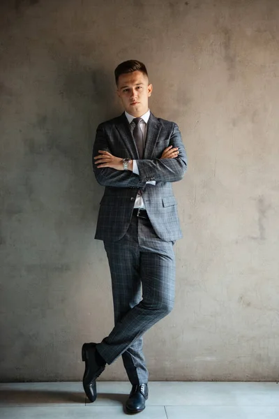 stock image portrait of a groom in a gray plaid suit with a tie on the wedding day in a bar