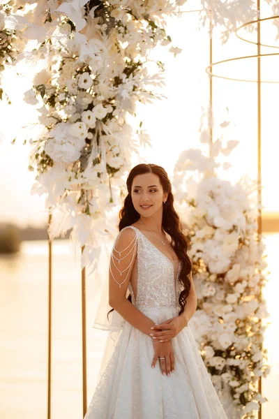 Bride Background Yellow Sunset Pier River — Photo