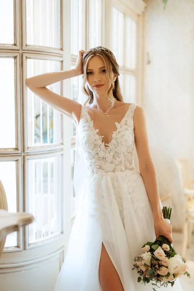 Portrait Bride White Dress Bright Cafe Mirrors — Stock Photo, Image