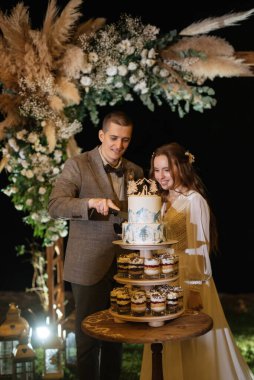 newlyweds happily cut, laugh and taste the wedding cake