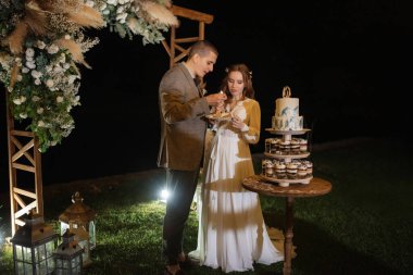 newlyweds happily cut, laugh and taste the wedding cake