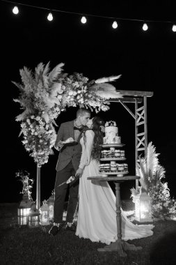 newlyweds happily cut, laugh and taste the wedding cake