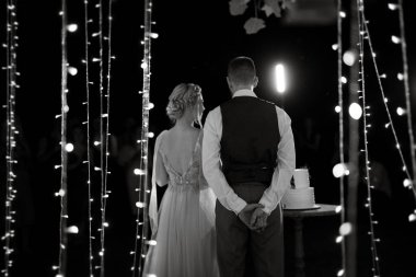 newlyweds happily cut, laugh and taste the wedding cake