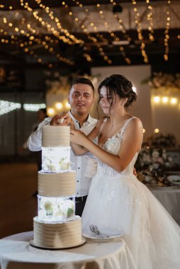 newlyweds happily cut, laugh and taste the wedding cake
