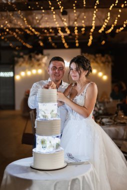 newlyweds happily cut, laugh and taste the wedding cake