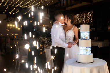 newlyweds happily cut, laugh and taste the wedding cake