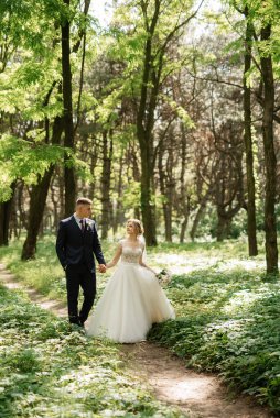 the groom and the bride are walking in the forest on a bright day