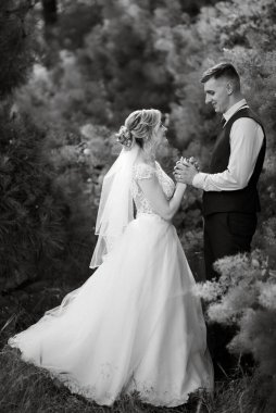 the groom and the bride are walking in the forest on a bright day