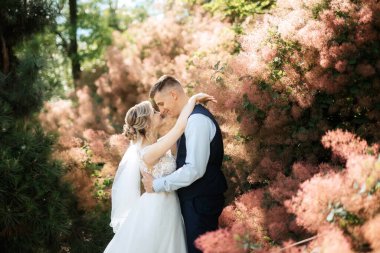 the groom and the bride are walking in the forest on a bright day