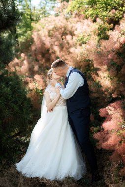 the groom and the bride are walking in the forest on a bright day