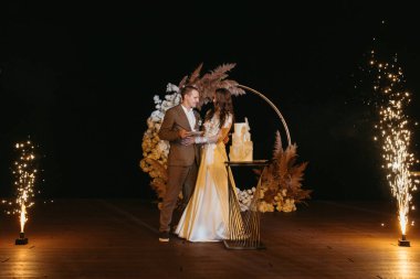 newlyweds happily cut, laugh and taste the wedding cake