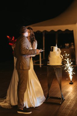 newlyweds happily cut, laugh and taste the wedding cake