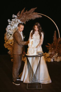 newlyweds happily cut, laugh and taste the wedding cake