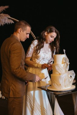 newlyweds happily cut, laugh and taste the wedding cake