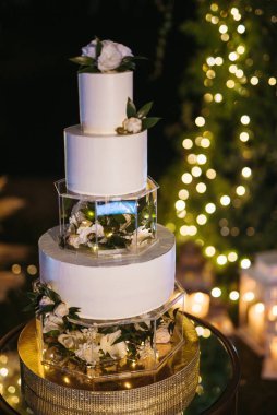 Yeni evlilerin düğün pastasında ateşli bir düğün.