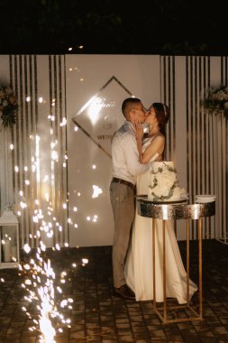 newlyweds happily cut, laugh and taste the wedding cake
