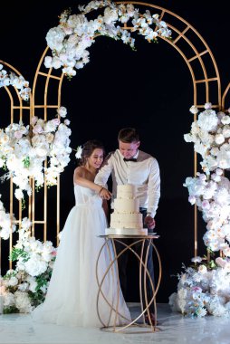 newlyweds happily cut, laugh and taste the wedding cake