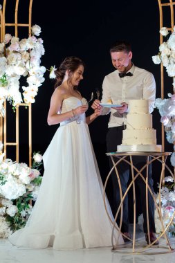 newlyweds happily cut, laugh and taste the wedding cake