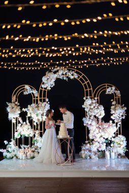 newlyweds happily cut, laugh and taste the wedding cake