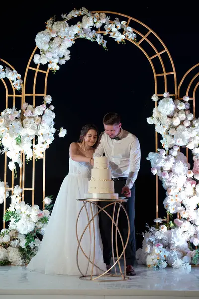 newlyweds happily cut, laugh and taste the wedding cake