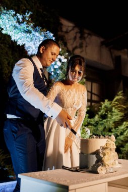 newlyweds happily cut, laugh and taste the wedding cake