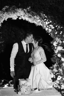 newlyweds happily cut, laugh and taste the wedding cake