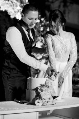 newlyweds happily cut, laugh and taste the wedding cake