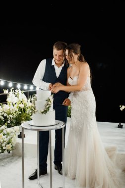 newlyweds happily cut, laugh and taste the wedding cake