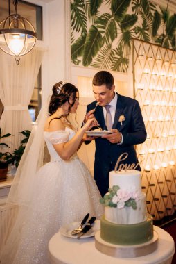 newlyweds happily cut, laugh and taste the wedding cake