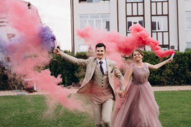 Lavanta elbiseli gelin ve renkli dumanlı yeşil çayır üzerinde damat.