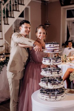 newlyweds happily cut, laugh and taste the wedding cake