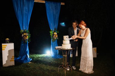 Genç bir çift yeşil bir çayırda düğün kemerinin önünde pasta kesiyor.