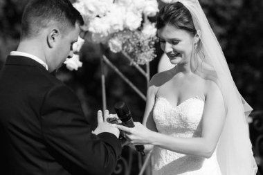 Yeni evlilerin düğün seremonisi nehrin arka planındaki restoranda.