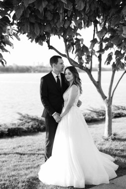 Gelin ve damat gün batımında parkta yürüyor.