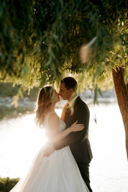 Gelin ve damat gün batımında parkta yürüyor.