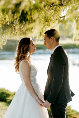 Gelin ve damat gün batımında parkta yürüyor.