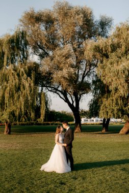 Gelin ve damat gün batımında parkta yürüyor.